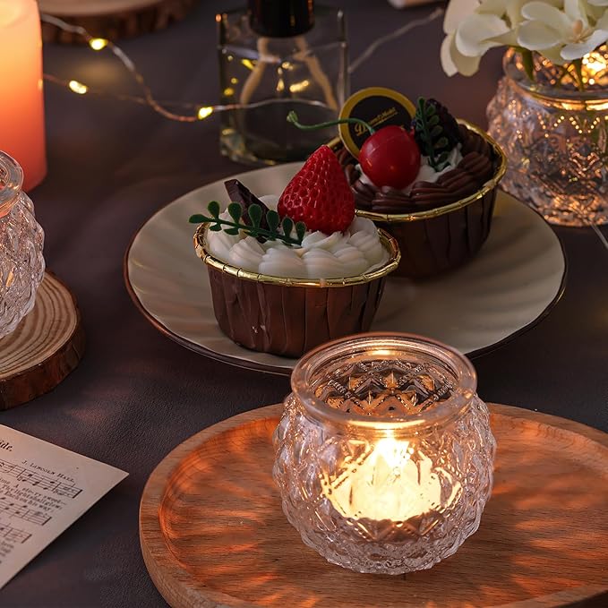 DARJEN 12Pcs Clear Votive Candle Holders - Round Glass Candle Holders for Tea Light Candle, Embossed Candle Votives for Wedding Centerpiece, Living Room & Home Table Decor
