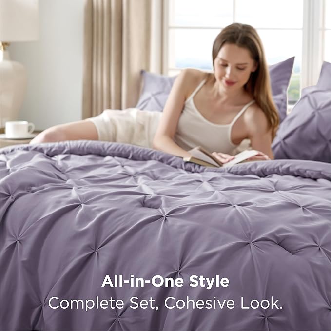Bedsure King Size Comforter Set Grayish Purple - Bed in a Bag Bedding Set 7 Pieces, GentleSoft™ Pintuck Bed Set Gift for Family, Pinch Pleat Grayish Purple Comforter with Sheets, Pillowcases & Shams