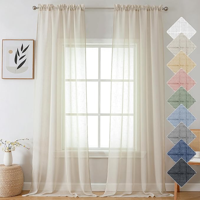 Aiyufeng Kirei Natural Extra Long Linen Sheer Curtains 96 inches Long, Light Filtering Semi Sheers Curtains/Farmhouse Window Treatments Panels/Drapes, Privacy Assured, 2 Panels