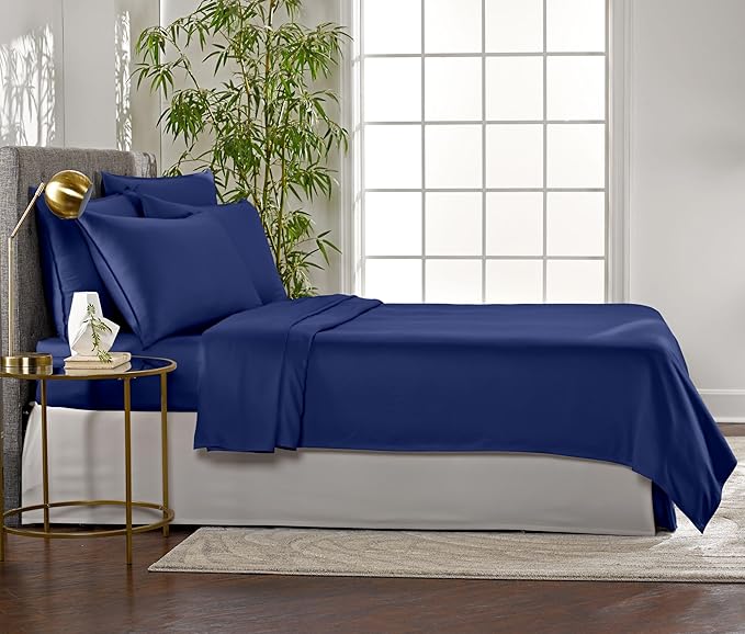 Queen Sheets by Pure Bamboo, Genuine 100% Organic Viscose Derived from Bamboo Bed Sheet Set, Luxuriously Soft & Cooling, Double Stitching, Lifetime Quality Promise (Queen, Cobalt Blue)