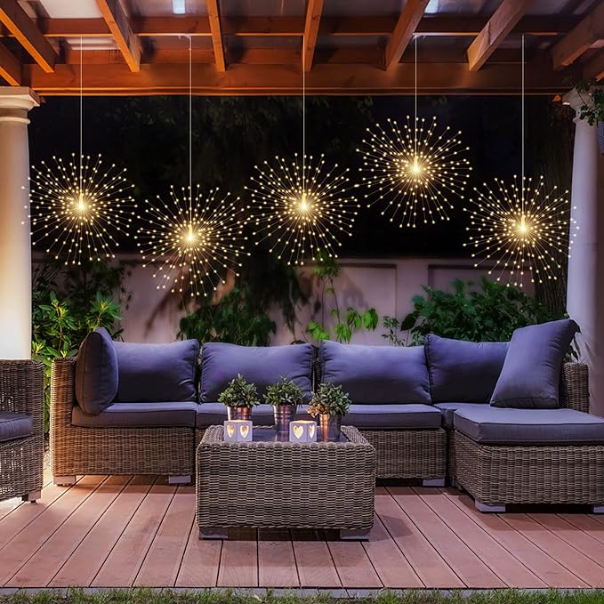 2 Pack Solar Starburst Sphere Lights,200 LED Firework Light 8 Modes Dimmable Waterproof Hanging Fairy Light, Copper Wire Lights for Tents Patio Parties Christmas-NO Remote (Warm White)