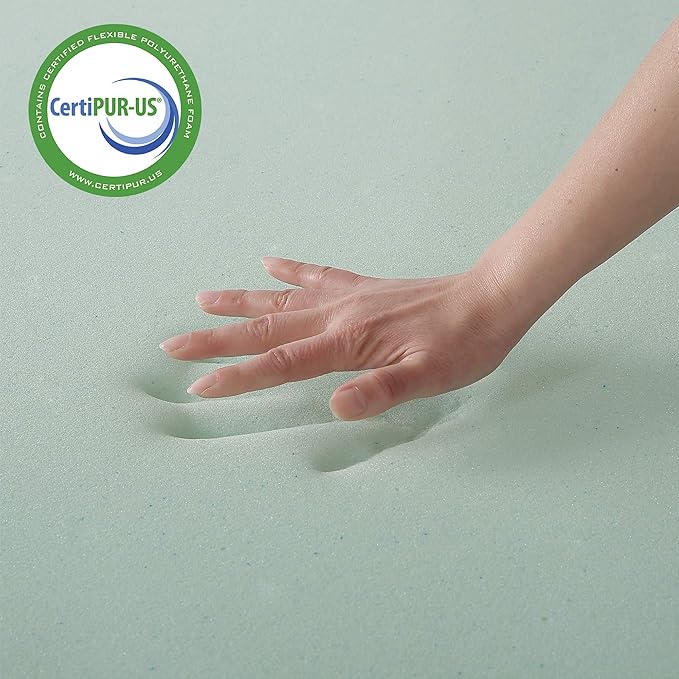 Mellow 4 Inch Memory Foam Mattress Topper with Cover, Calming Green Tea Infusion, Short Queen
