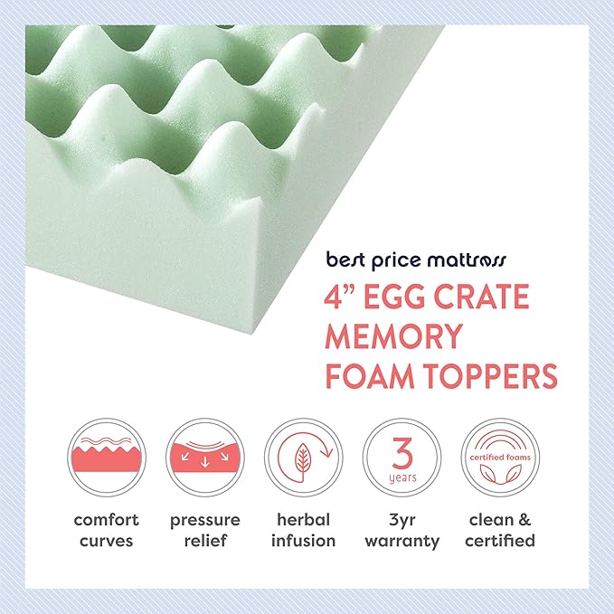 Best Price Mattress 4 Inch Egg Crate Memory Foam Mattress Topper with Calming Green Tea Infusion, CertiPUR-US Certified, Twin XL