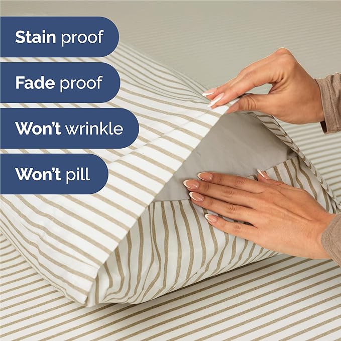 Twin XL 4 Piece Sheet Set - Comfy Breathable & Cooling - Soft Hotel Luxury Bedding Set w/ 8-16 Inch Deep Pockets - 1 Flat & 1 Fitted Sheet & 2 Pillowcases - Wrinkle Free & Easy Care - Beige Stripes 2