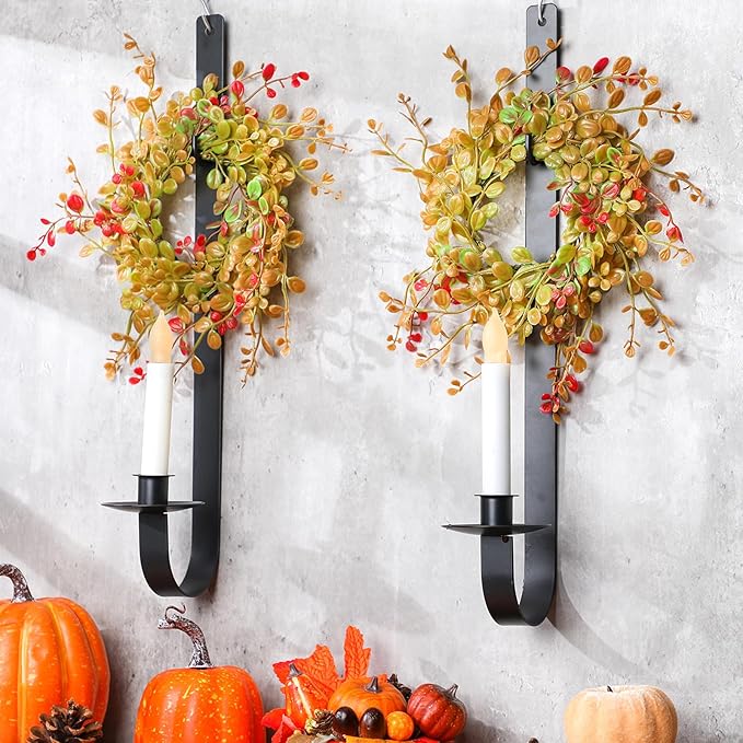 2 Set Rustic Wall Candle Sconces Holder Thanksgiving Fall Decor 18.5" Vintage Metal Wall Mount Candle Holder with Wreath for Farmhouse Living Room Indoor, Only Applicable to LED Candles