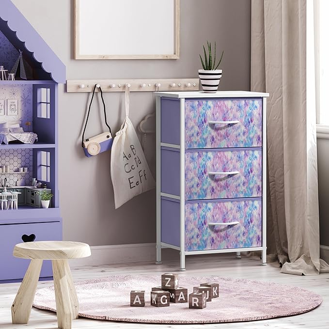 Sorbus Nightstand Storage Organizer Chest with 3 Drawers - Kids Girls, Boys Bedroom Furniture Chest for Clothes, Closet Organization - Steel Frame, Wood Top, Fabric Bin (3-Drawer, Blue/Pink/Purple)