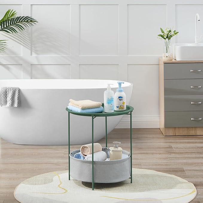 VECELO Round Side/End Table with Fabric Storage Basket，Metal Anti-Rust and Waterproof Small Bedside Nightstand with Removable Tray Top for Living Room，Balcony & Laundry，Dark Green /1pcs with Basket