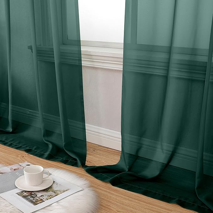 Aiyufeng Hunter Green Sheer Curtain Drapes 63 Inch Length 2 Panels for Living Room, Light Filtering Voile Green Drapes for Bedroom, Patio, Sliding Door, Each 40" W x 63" L
