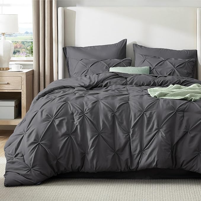 Bedsure King Size Comforter Set Dark Grey - Bed in a Bag Bedding Set 7 Pieces, GentleSoft™ Pintuck Bed Set Gift for Family, Pinch Pleat Dark Grey Comforter with Sheets, Pillowcases & Shams