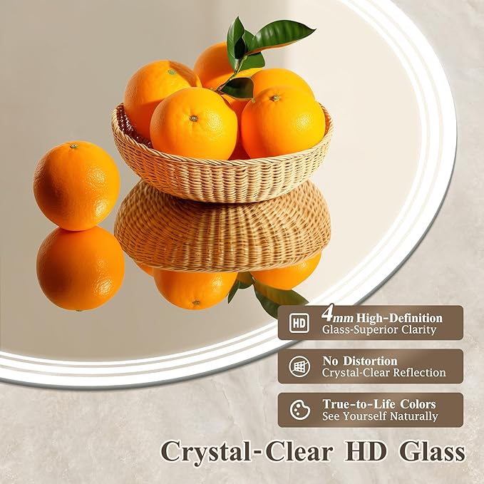 36''x36'' Lighted Mirrors for Bathroom Wall Backlit + Front Lit, Round LED Bathroom Mirror Frameless with Lights Anti Fog, Dimmable, 3 Colors,Tempered Glass, Shatter-Proof
