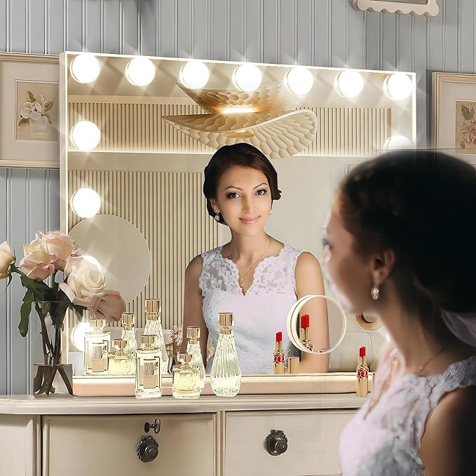 Hollywood Vanity Mirror with Lights, 15 Dimmable Bulbs, 3 Color Lights,Make Up Lighted Mirror, Aluminum Metal Frame, USB Charging Port（23" x 18"）