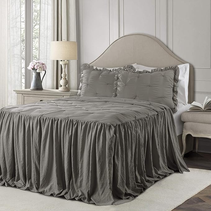 Lush Decor Ravello Pintuck Ruffle Skirt Bedspread Set - Luxe 3 Piece Ruffled Bedding Set - Traditional Glam & Farmhouse Inspired Bedroom Decor - King, Dark Gray
