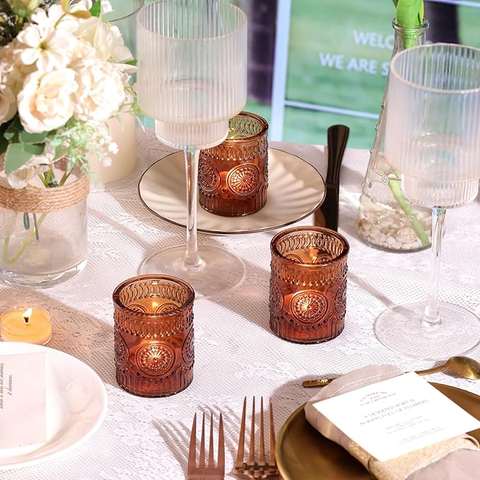 Amber Votive Candle Holder Set of 12, Glass Tea Lights Candle Holders for Home Table Centerpiece, Dinner Parties, Weddings Decor