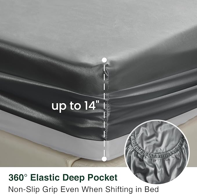 Love's cabin Satin King Sheet Sets - 4 Piece Dark Grey Silky Sheets King Size Bed Set with Deep Pocket, Luxury Silk Feel King Size Satin Sheet Set (1 Flat Sheet,1 Fitted Sheet,2 Pillow Cases)