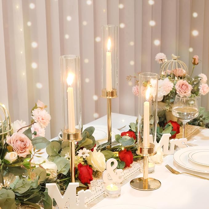 Hurricane Candle Holders Set of 3 Metal Candlestick Holder for Glass Taper Tall Candle Holders with Crystal Chimney Tube Candles Stands for Home Decor, Christmas, Dinning (3, Gold)