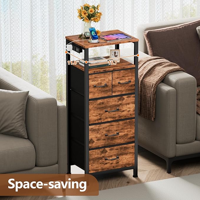 Furnulem Dresser for Bedroom, Tall Nightstand, Vertical Chest with Wood Top, Charging Station, LED Lights, 5 Fabric Bins, Bedside Table with Shelf, Furniture for Entryway (5 Drawer, Rustic Brown)