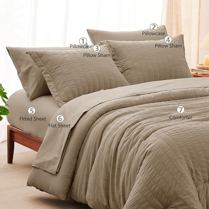 CozyLux Full Size Comforter Sets with Sheets Seersucker 7 Pieces Taupe Bed in a Bag Textured Luxury Soft Bedding Set with Down Alternative Comforter, Sheets, Pillowcases & Shams for All Seasons