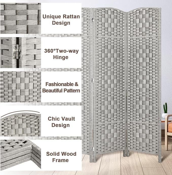 Rose Home Fashion 6 ft Tall Room Divider, Room Dividers and Folding Privacy Screens, 15.7in Privacy Screen 4 Panel Partition Temporary Wall Separation for Private, Stone Grey