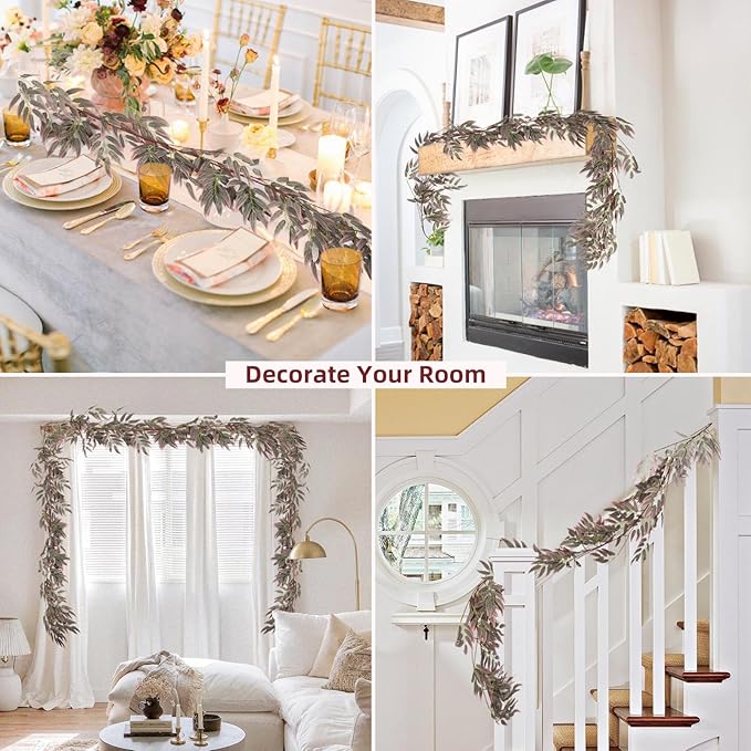 RECUTMS Artificial Hanging Willow Leaves Greenery 2Pcs 5.7Ft Fake Silk Leaves Ivy Garland Faux Vine Plants Decoration for Indoor Outdoor Home Garden Wedding Jungle Birthday Party Table Spring Decor