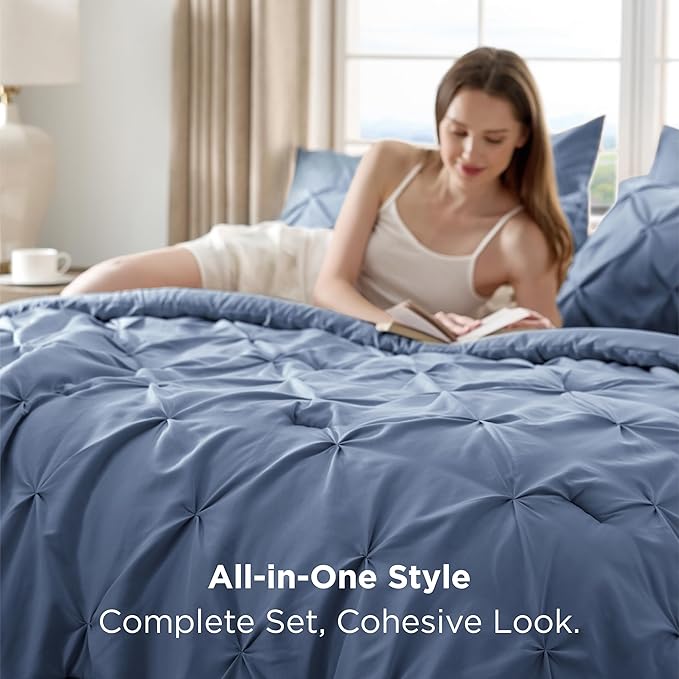 Bedsure King Size Comforter Set Slate Blue - Bed in a Bag Bedding Set 7 Pieces, GentleSoft™ Pintuck Bed Set Gift for Family, Pinch Pleat Slate Blue Comforter with Sheets, Pillowcases & Shams