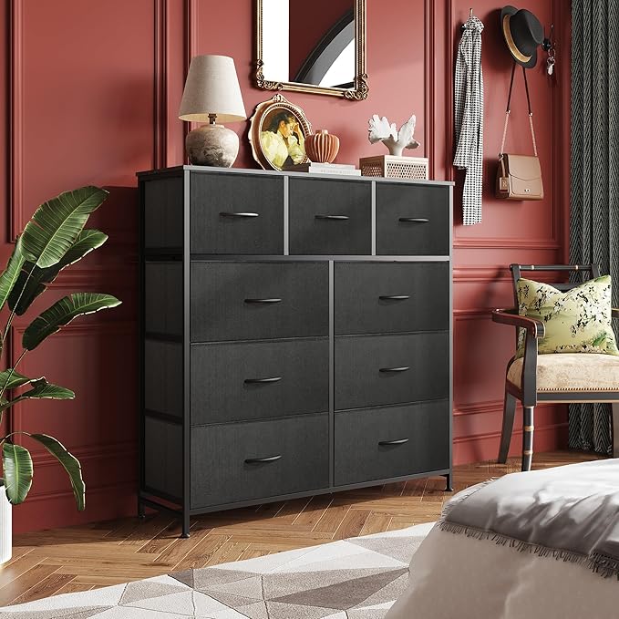 WLIVE 9-Drawer Dresser, Fabric Storage Tower for Bedroom, Hallway, Entryway, Closet, Tall Chest Organizer Unit with Fabric Bins, Steel Frame, Wood Top, Easy Pull Handle, Charcoal Black