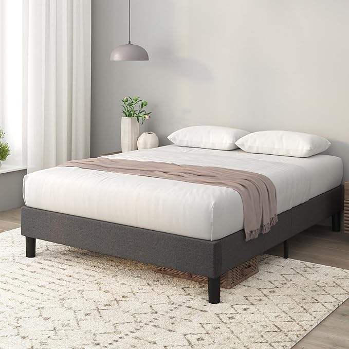 ZINUS Curtis Upholstered Platform Bed Frame, Mattress Foundation, Wood Slat Support, No Box Spring Needed, Eco Friendly WonderBox (TM) Packaging, Dark Grey, Queen