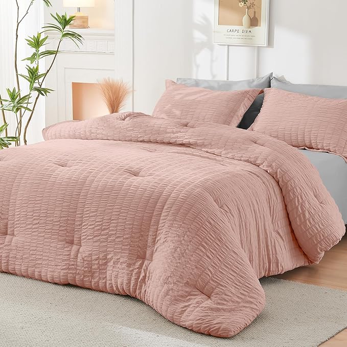 HYMOKEGE Rose Gold/Light Grey Twin XL Comforter Set Seersucker 5 Pieces, All Season Luxury Bed in a Bag for Bedroom, Bedding Set with Comforter, Sheets, Pillowcase & Sham