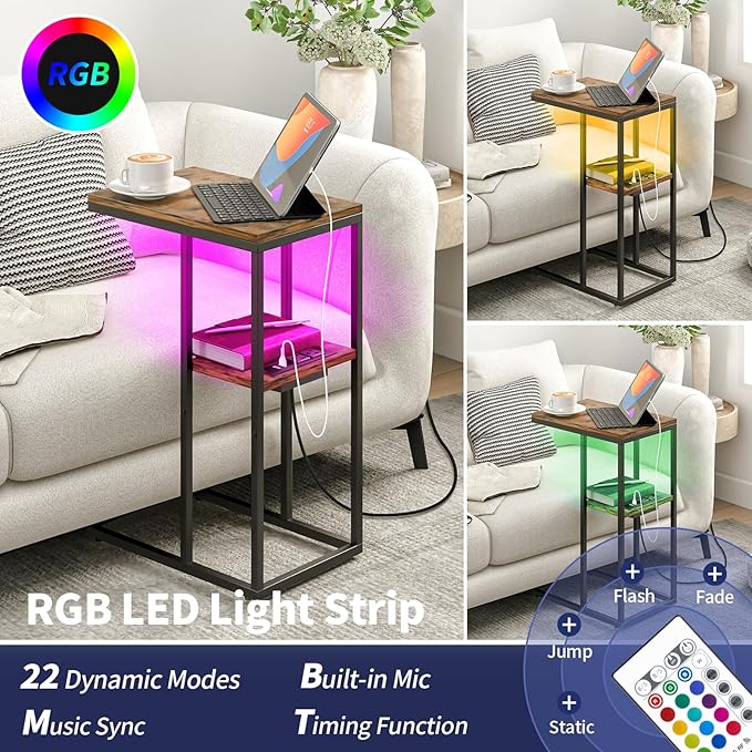 Yoobure LED C Shaped End Table with Charging Station, Small Side Tables for Living Room Bedroom, TV Tray Table with USB Ports and Outlets for Small Spaces, C Table for Couch Sofa, Bed Side Table