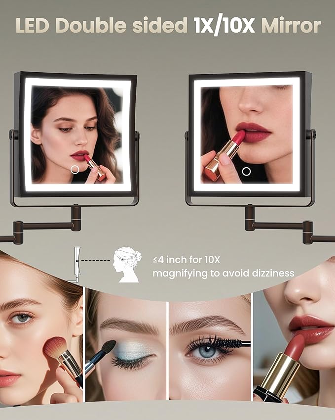 Rechargeable Wall Mounted Makeup Mirror with Lights, 4000mAh Double Sided 1X/10X Magnifying Vanity Mirror with 3 Color Lights, Touch Dimmable, 360° Extension Foldable Arm(Oil Rubbed Bronze