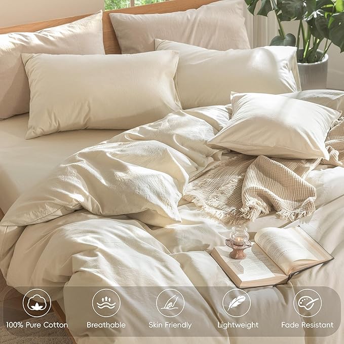 MooMee Bedding Duvet Cover Set 100% Washed Cotton Linen Like Textured Breathable Durable Soft Comfy (Heathered Almond Milk Grey, Cal King 104"x98")