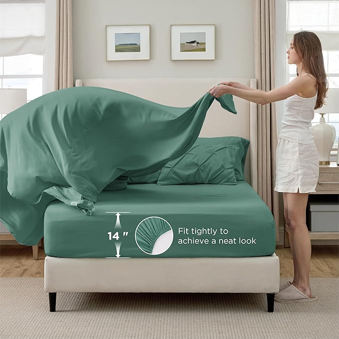 Bedsure King Size Comforter Set Graysih Green - Bed in a Bag Bedding Set 7 Pieces, GentleSoft™ Pintuck Bed Set Gift for Family, Pinch Pleat Graysih Green Comforter with Sheets, Pillowcases & Shams