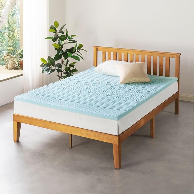 Mellow 2 Inch 5-Zone Memory Foam Mattress Topper, Cooling Gel Infusion, Dorm Essentials, King Blue