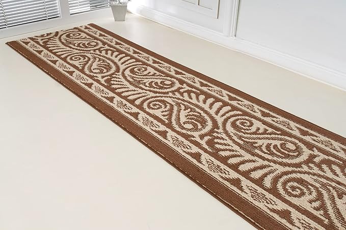 Custom Length Cut to Size Tribal Ethnic Southwestern Inspired Hallway Runner Rug, Non Slip Rubber Backed, 31 inch Wide X Customized Length, Mayan Brown, 31 inch X 10 feet