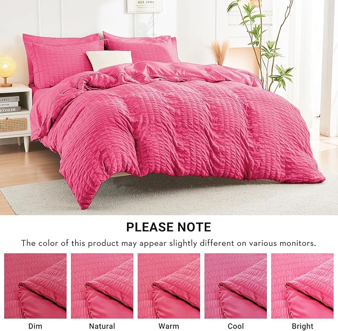 HYMOKEGE Hot Pink California King Comforter Set Seersucker 7 Pieces, All Season Luxury Bed in a Bag for Bedroom, Bedding Set with Comforter, Sheets, Pillowcases & Shams
