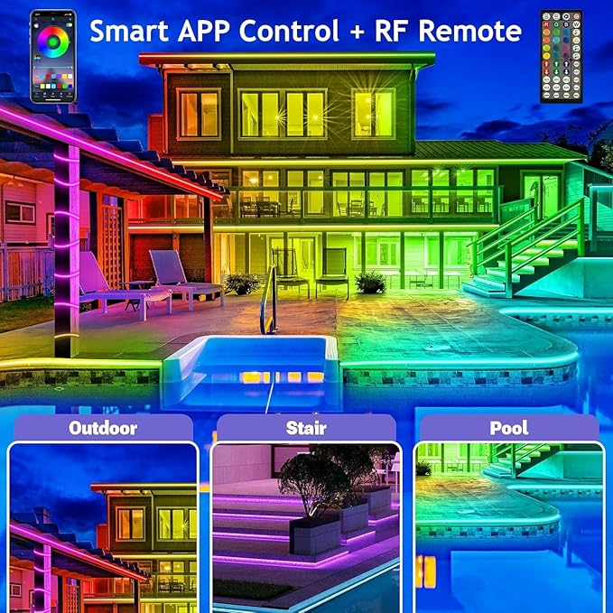 60ft Outdoor LED Strip Lights Waterproof,IP68 Outside Led Light Strips Waterproof with Bluetooth App Remote Control,Music Sync RGB Exterior Led Rope Lights,for Balcony,Deck,Roof,Garden,Pool (60FT)