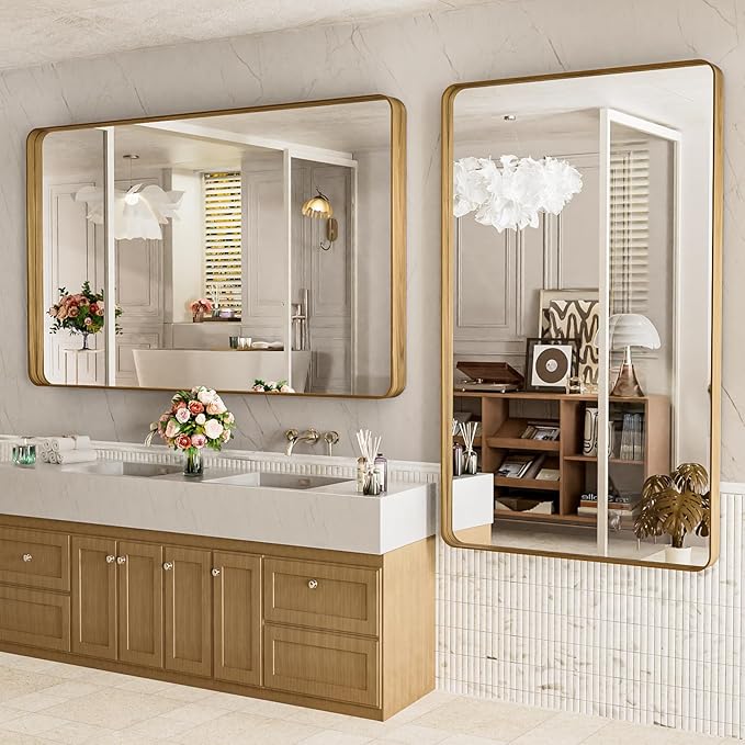 LOAAO 60X40 Inch Bathroom Mirror with Wood Grain Colored Metal Frame, Rounded Rectangle Metal Framed Bathroom Mirror, Anti-Rust, Hangs Horizontally or Vertically, Tempered Glass