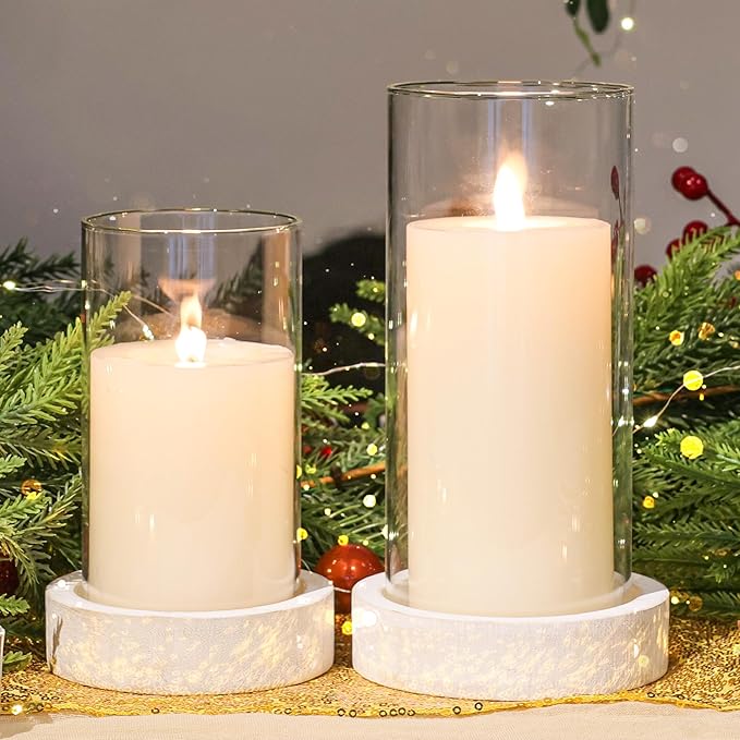 Set of 2 Hurricane Candle Holders with Wood Base & Glass Cylinder (4.2x5.9” & 4.6x7.8”) – Rustic Wooden Candle Holders for Home Decor, Weddings, Table Centerpieces