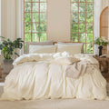 MooMee Bedding Duvet Cover Set 100% Washed Cotton Linen Like Textured Breathable Durable Soft Comfy (Solid Cream White, Alaska King 132"x120")