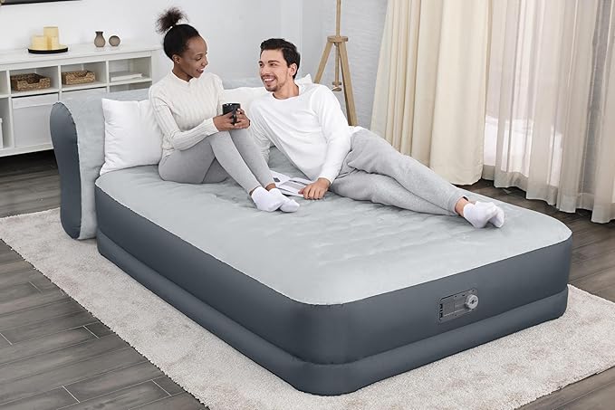 SleepLux Queen Air Mattress with Headboard | Supersoft Snugable Top, Extra Durable Tough Guard | Raised Airbed with Built in Pump + USB Charger (90"x60"x29") Grey