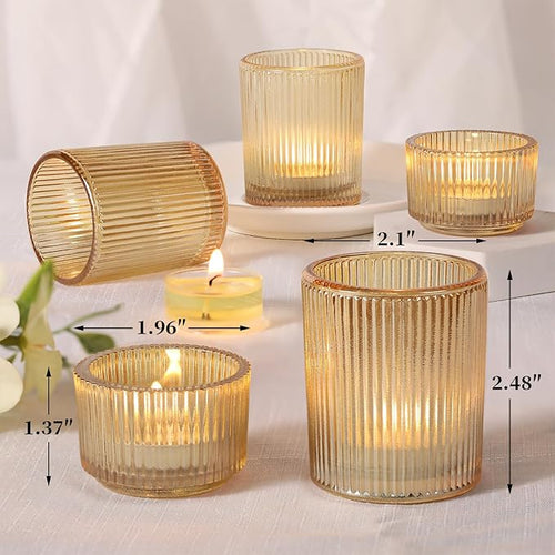 20pcs Ribbed Gold Votive Candle Holders, Assorted Tea Light Candle Holder Glass for Wedding Table Decor, Gold Candle Holders for Table Centerpieces, Diwali, Brithday, Party and Holiday Decor