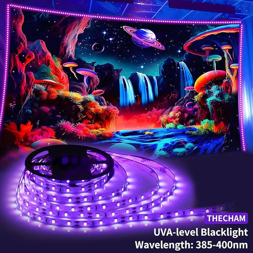 20ft Black Light Strip with Remote, 360 LED Lamp Beads, 12V Flexible Lights for Glow Party, Adjust Brightness, Delay Off, 3 Light Modes, Indoor Fluorescent Party, Stage Lighting