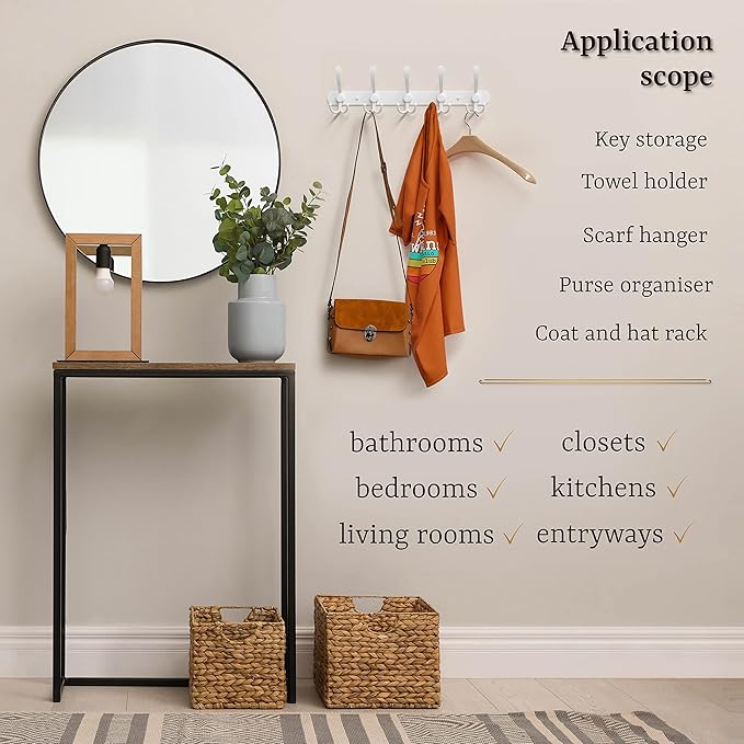 Coat Rack Wall Mount with 5 Tri Hooks, Stainless Steel 16 Inch – White Matte Finish, Heavy Duty Wall Mounted Hook Rack for Coats, Hats, Towels, Scarfs, Robes, Bags, Entryway & Bathroom