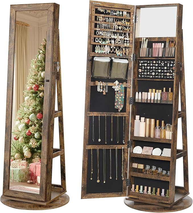 SONGMICS 360° Swivel Jewelry Cabinet, Lockable Jewelry Organizer with Full-Length Mirror, Rear Storage Shelves, Interior Mirror, Jewelry Armoire, Christmas Gifts for Women, Rustic Brown UJJC006X01