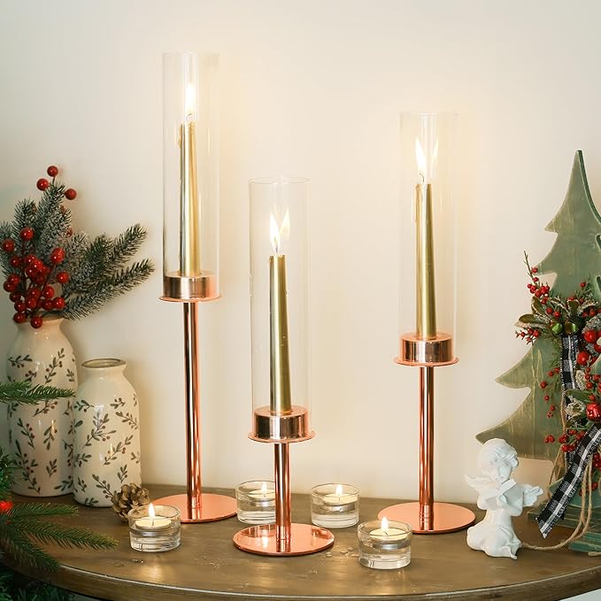 Hurricane Candle Holders Set of 6 Metal Candlestick Holder for Glass Taper Tall Candle Holders with Crystal Chimney Tube Candles Stands for Home Decor, Christmas, Dinning (6, Rose Gold)