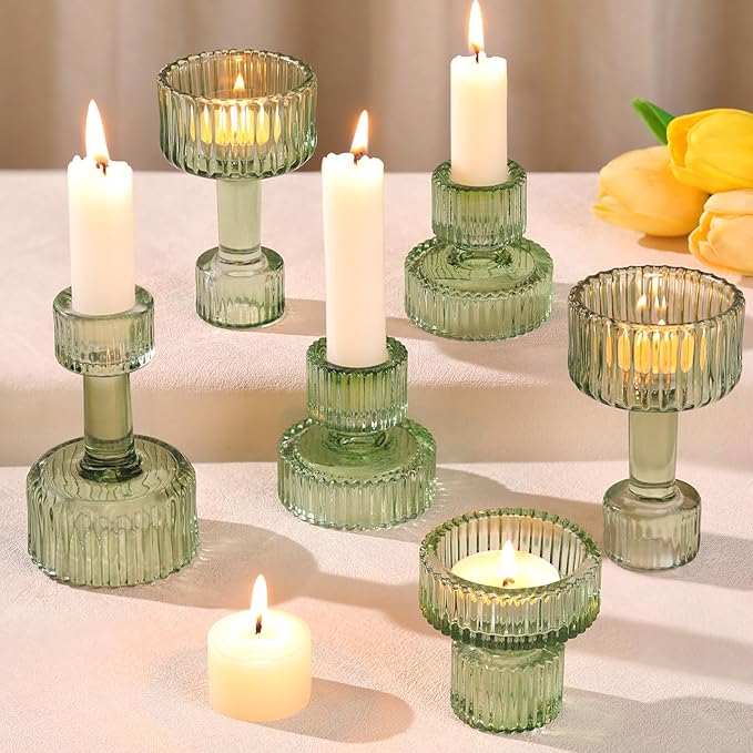 Candlestick Holders Bulk, 6 Pcs Green Combination Candle Holders Set, Crystal Candle Holders for Wedding, Table Centerpiece, Home Decoration