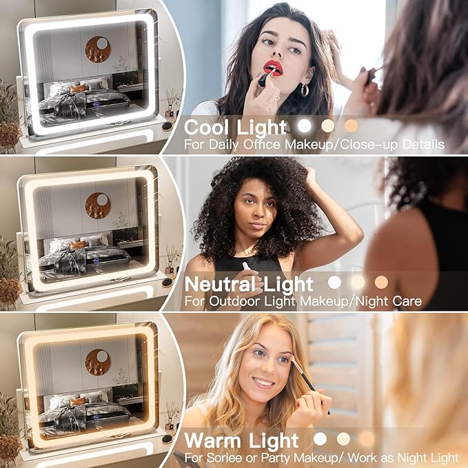 FENNIO Vanity Mirror with Lights 22''x17'' Makeup Mirror with Lights,Vanity Mirror Touch Screen with 3-Color Lighting,Dimmable,for Vanity Desk Tabletop
