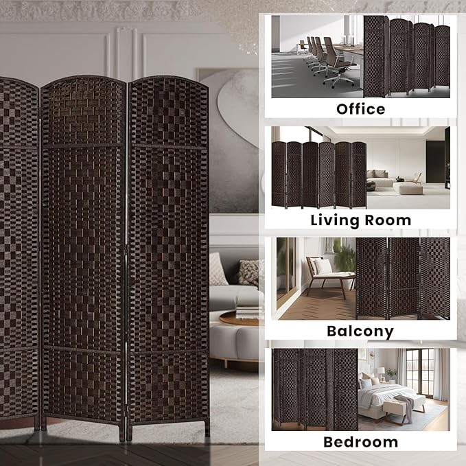 Rose Home Fashion Room Divider, 6 ft Tall Room Dividers and Folding Privacy Screens, 16in Privacy Screen 6 Panel Dark Coffee Space Temporary Wall Foldable Partition Separation