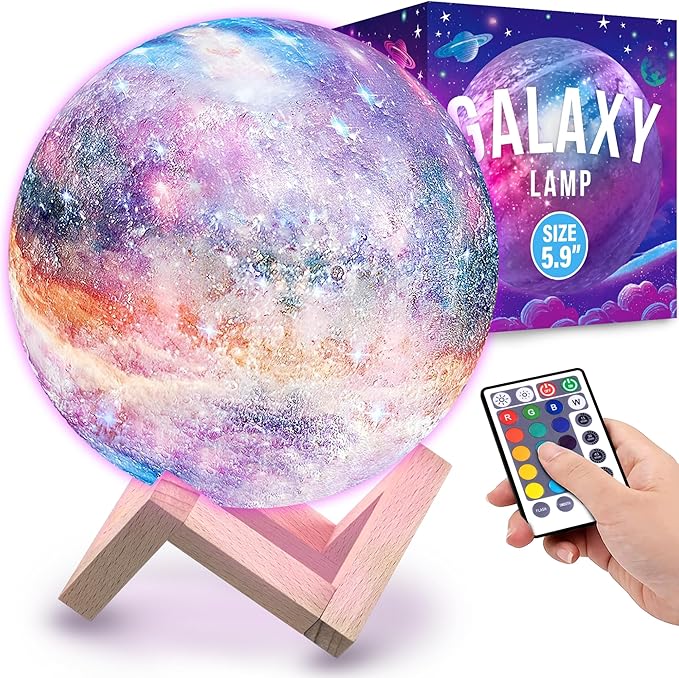 Mind-Glowing Galaxy Moon Lamp with Multi Colors, Touch/Remote, Wood Stand - Teen Girl Room Decor, Trendy Stuff - Christmas Gift for Any Year Old Teenage Girl - Cool Night Light for Kids (5.9 inch)
