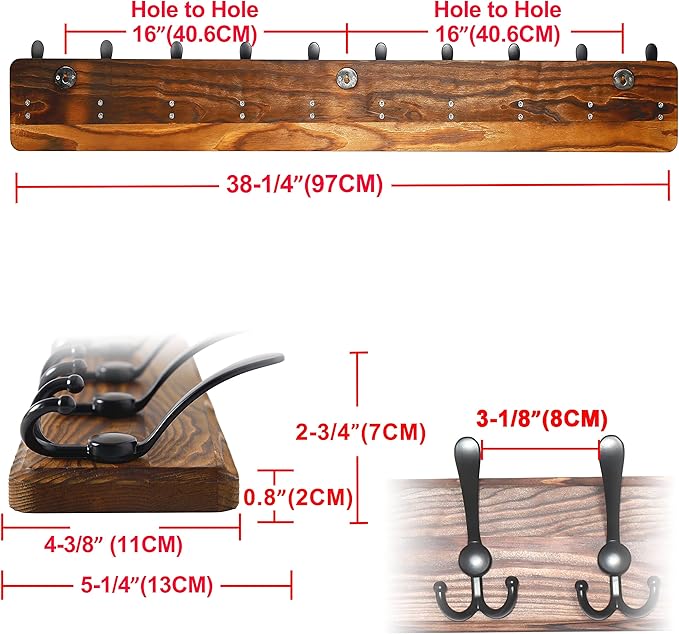Dseap Coat Rack Wall - Heavy-Duty 38-1/4" Long, with Reinforced 10 Custom Tri-Hooks, Solid Wood Wall Hanger for Coats Hat Jackets - Rustic Farmhouse Entryway Hallway Storage, Natural & Black