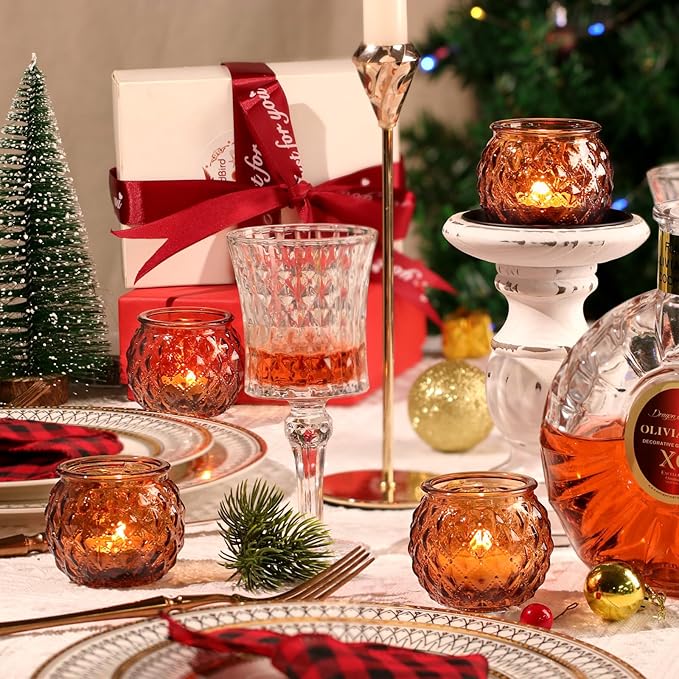 DARJEN Amber Votive Candle Holders Set of 24 - Round Glass Candle Holders for Table Centerpiece, Tea Lights for Home & Vintage Wedding Decorations